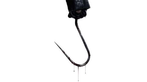 A close-up of a bloody, sharp fishing hook in a dark, cinematic horror setting inspired... free hd wallpapers