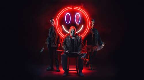 A terrifying masked killer with a neon smiley face mask against a dark red background,... high definition wallpaper