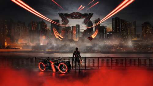 A high-detail movie poster for Tron: Ares featuring the character Ares in a neon-lit,... free wallpaper for computer