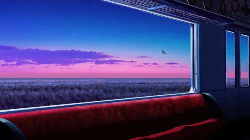 A lone traveler looking out of a train window at a breathtaking scenic evening sky... wallpaper