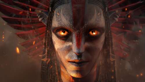 A high-resolution, cinematic portrait of Varang from the movie Avatar: Fire and Ash.
