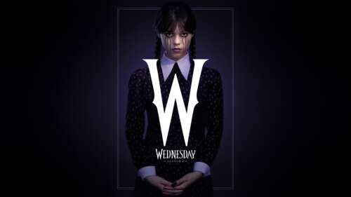 A dark and atmospheric portrait of Wednesday Addams, played by Jenna Ortega, from... wallpaper