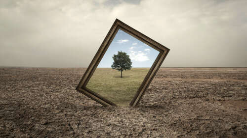 A surreal landscape featuring a single lone tree centered within an ornate, decorative... wallpaper