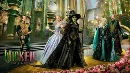 Cinematic movie poster for the 2025 film Wicked featuring characters Elphaba Thropp... desktop wallpaper