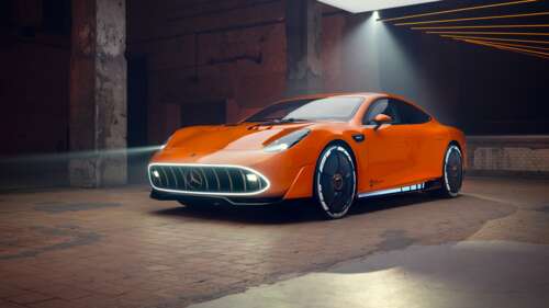 A sleek and aerodynamic 2025 Mercedes-AMG GT XX concept car featuring a futuristic... computer backgrounds