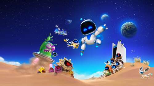 A high-detail digital illustration of the small, white and blue robot Astro Bot from... free background images