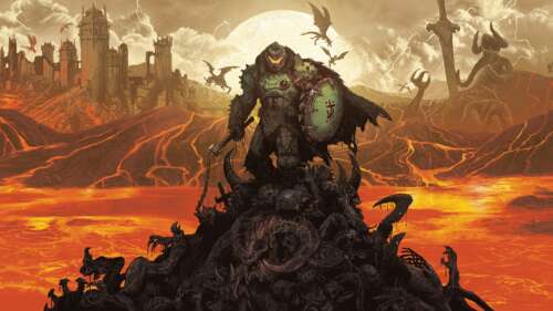 The Doom Slayer from DOOM: The Dark Ages standing amidst war-torn landscapes with... free hd wallpapers
