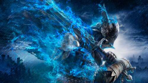 A dark-armored knight standing in a desolate, moonlit fantasy landscape inspired... wallpaper download