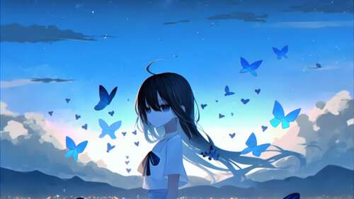A sad anime girl with a melancholic expression, surrounded by floating butterflies... free wallpaper