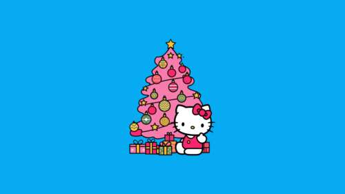 A minimalist cartoon of Hello Kitty from Sanrio posing with a Christmas tree on a... free background