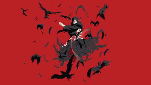 A minimalist illustration of Itachi Uchiha from Naruto set against a vibrant red... free desktop wallpaper