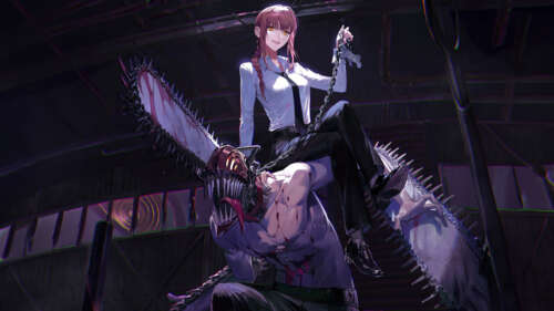 A dramatic scene featuring the characters Makima and Denji from the anime Chainsaw... wallpaper for laptop download
