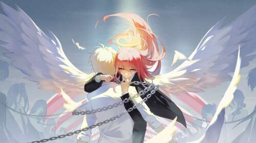 Makima from Chainsaw Man featuring large, white angel wings in an ultrawide 5K format. high definition wallpaper