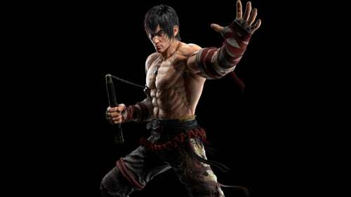 A high-resolution, detailed portrait of Marshall Law from Tekken 8 against a deep... free background