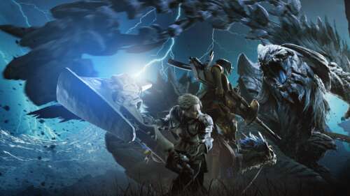 A cinematic shot of a hunter in detailed combat gear standing within a vast, wild...