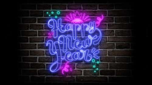 A glowing neon 'Happy New Year' sign mounted on a dark, textured brick wall in a... free hd wallpapers