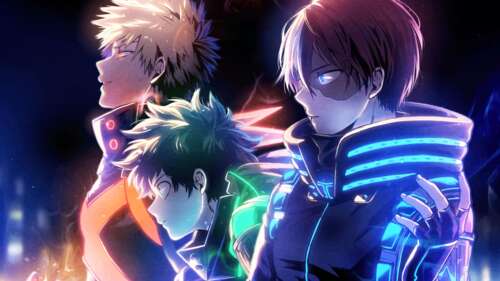 A neon-lit aesthetic anime illustration of Katsuki Bakugo and Izuku Midoriya from... wallpaper for pc download