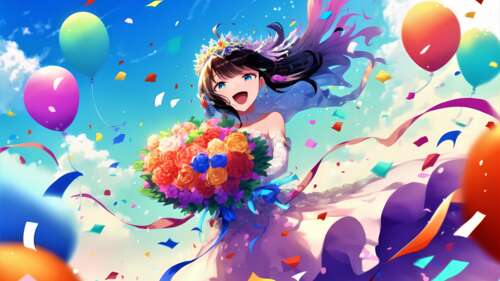 A happy anime girl dressed as a bride holding a colorful flower bouquet with a bright,... free hd wallpapers