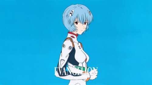 A highly detailed portrait of Rei Ayanami from Neon Genesis Evangelion against a...