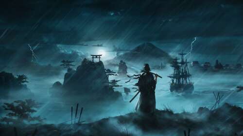 A samurai warrior from the video game Rise of the Ronin standing in a historical... hd background