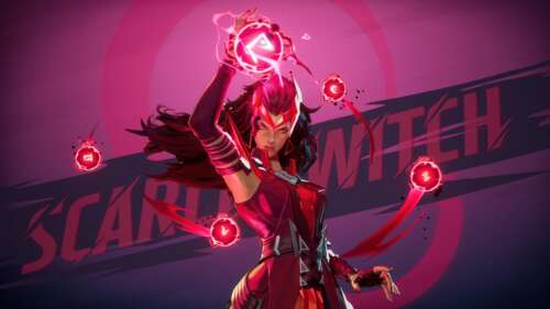 Scarlet Witch from Marvel Rivals surrounded by glowing red chaos magic.