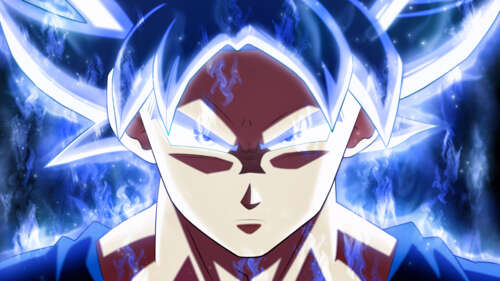 Son Goku enveloped in electric blue lightning and energy from Dragon Ball Super. free desktop wallpaper