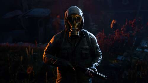 A survivor wearing a protective gas mask in a post-apocalyptic setting inspired by... free wallpaper
