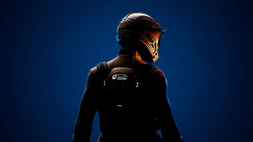 A futuristic character known as the Pioneer wearing dark blue high-tech armor in... free background