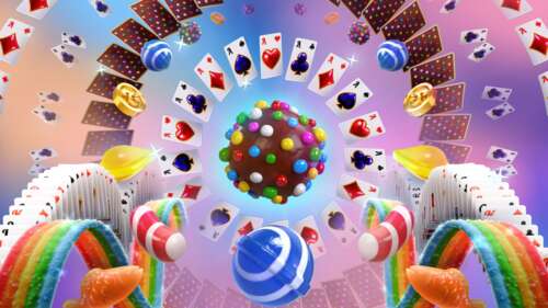 A colorful and vibrant display of candy-themed solitaire game pieces, featuring glossy... wallpaper