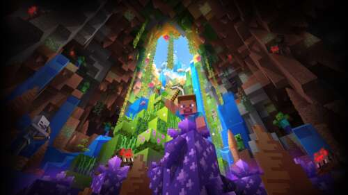 A colorful and highly detailed 5K Minecraft landscape featuring lush blocky greenery... wallpaper download