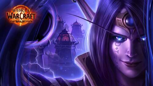 A dark and magical Voidweaver character from World of Warcraft: The War Within, surrounded... free wallpaper