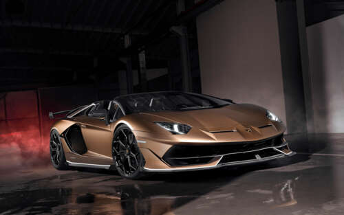 A luxurious brown Lamborghini Aventador SVJ supercar with a glossy finish. 7680x4800 free background