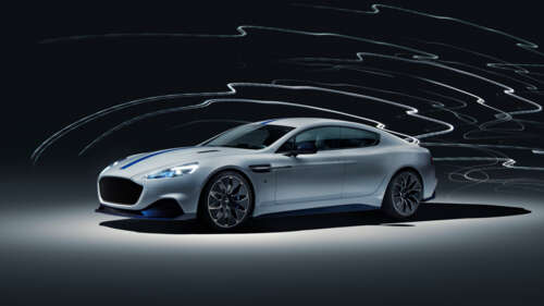 A sleek silver Aston Martin Rapide E electric luxury car. 4K (Ultra HD) computer backgrounds