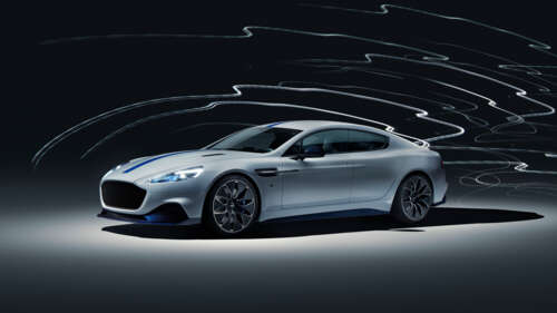 A sleek silver Aston Martin Rapide E electric luxury car. 8K wallpaper download