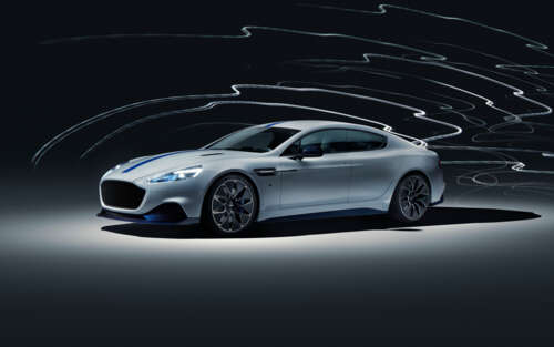 A sleek silver Aston Martin Rapide E electric luxury car. 7680x4800 computer backgrounds