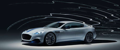 A sleek silver Aston Martin Rapide E electric luxury car. UWUHD free desktop wallpaper