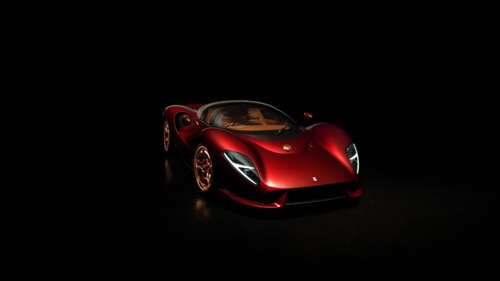 A sleek De Tomaso P72 supercar featuring polished metallic surfaces and elegant aerodynamic... 8K wallpaper