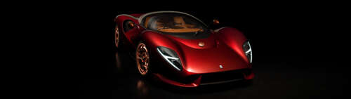 A sleek De Tomaso P72 supercar featuring polished metallic surfaces and elegant aerodynamic... Dual UHD wallpaper images