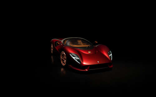 A sleek De Tomaso P72 supercar featuring polished metallic surfaces and elegant aerodynamic... 7680x4800 pictures for wallpaper