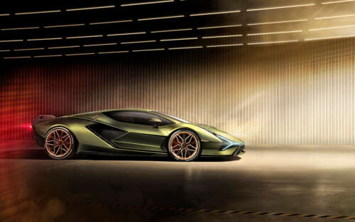 A high-performance emerald green Lamborghini Sián FKP 37 supercar parked prominently. 7680x4800 wallpaper for laptop download