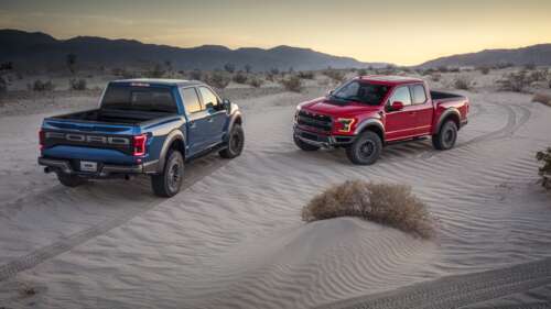 A Ford F-150 Raptor truck driving through a sandy desert landscape under bright sunlight. 8K wallpaper download