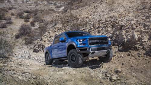 A detailed view of a Ford F-150 Raptor, a high-performance off-road pickup truck. free wallpaper