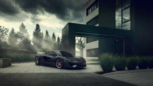 A sleek, black McLaren 570S supercar with a glossy finish and aerodynamic design. 8K hd background