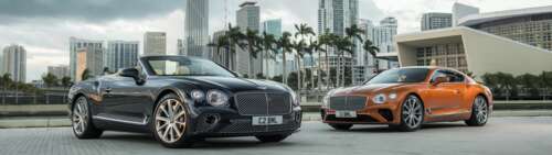 A luxury Bentley Continental GT convertible featuring a sleek black body with striking... Dual UHD wallpaper for laptop download