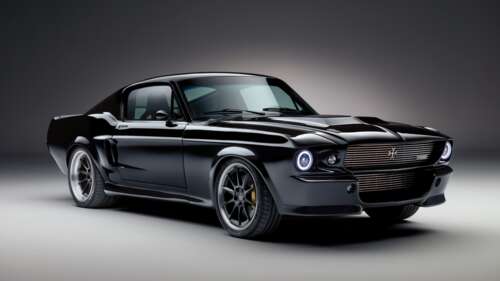 A sleek black electric Ford Mustang muscle car with a modern muscle car aesthetic. 4K (Ultra HD) free wallpaper