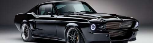 A sleek black electric Ford Mustang muscle car with a modern muscle car aesthetic. wallpaper