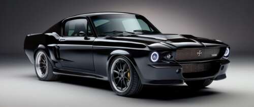 A sleek black electric Ford Mustang muscle car with a modern muscle car aesthetic. UWUHD