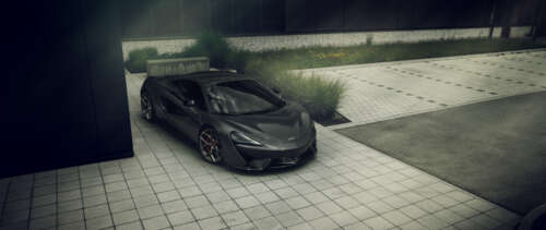 A glossy black McLaren 570S supercar showcasing its sleek aerodynamic body. UWUHD free desktop wallpaper