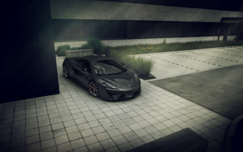 A glossy black McLaren 570S supercar showcasing its sleek aerodynamic body. 7680x4800 free background