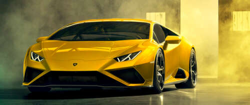 A bright yellow Lamborghini Huracán Evo supercar showcasing its aerodynamic curves... UWUHD free background images